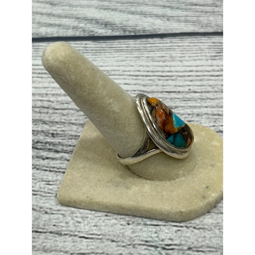 BBJ 925 Sterling Silver Spiny Oyster Turquoise Inlay Artisan Statement Ring 7.75